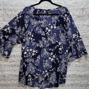 New Directions Boho Chic Floral Top Womens 3X Blue And White, Artsy